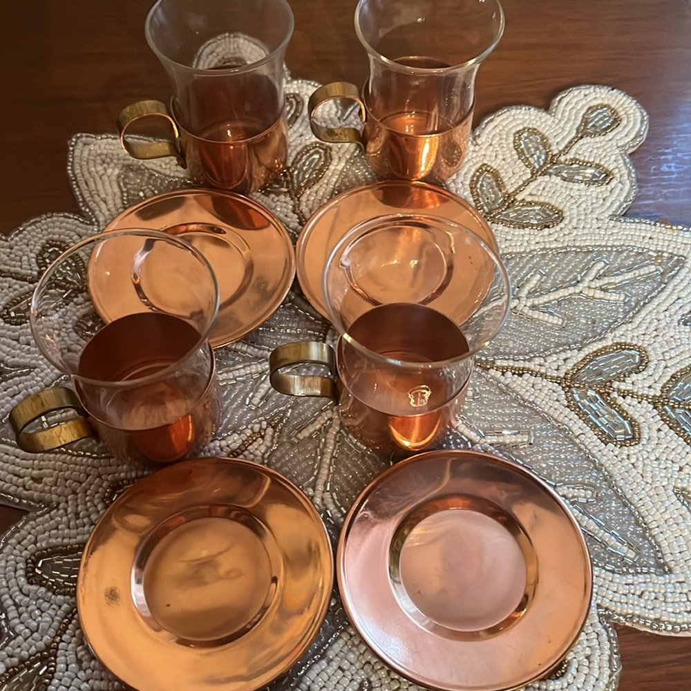 Old Dutch copper & brass espresso coffee set w/saucers & removable glass cups - Picture 2 of 4